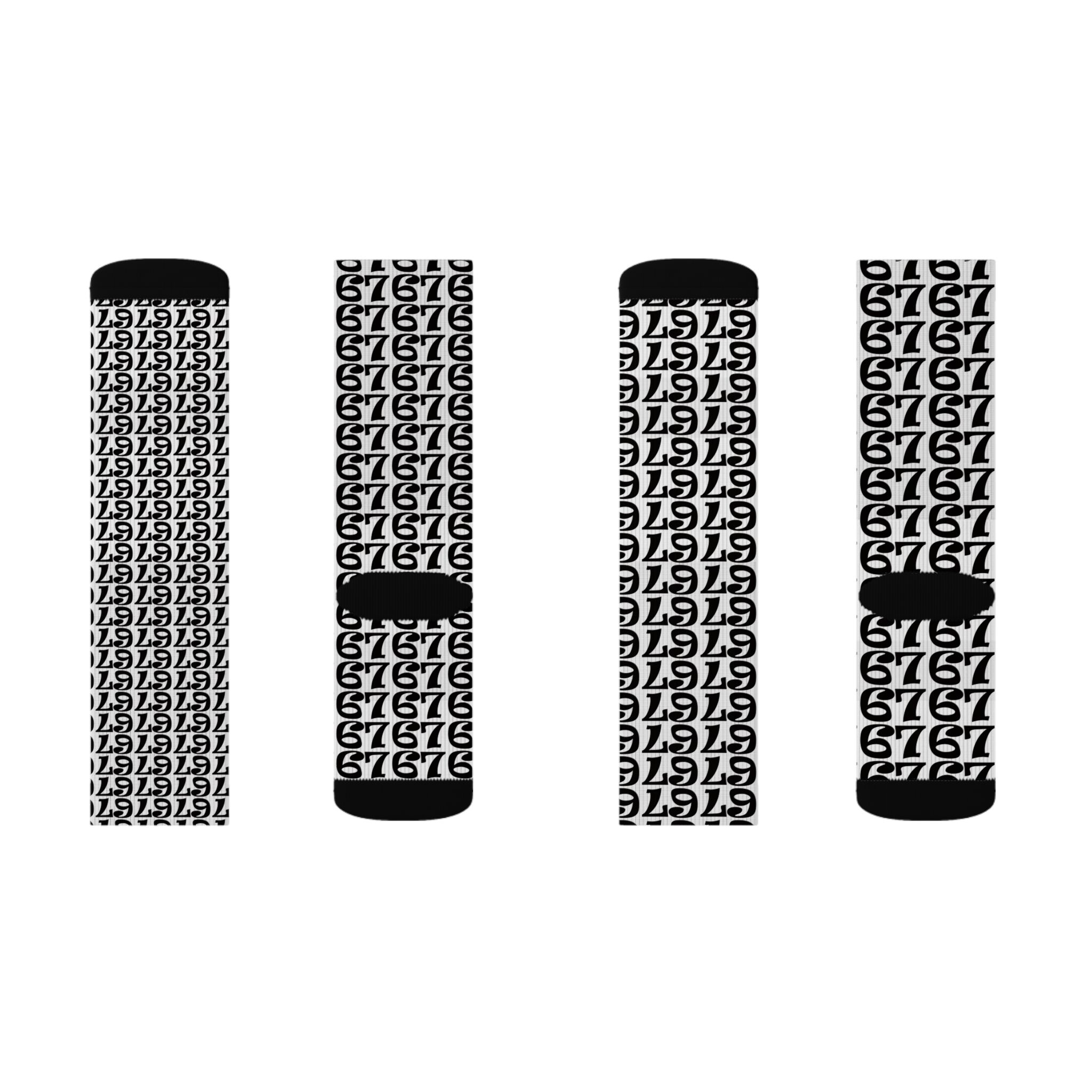 Number Pattern Sublimation Socks — Black & White 67 Repeat Design