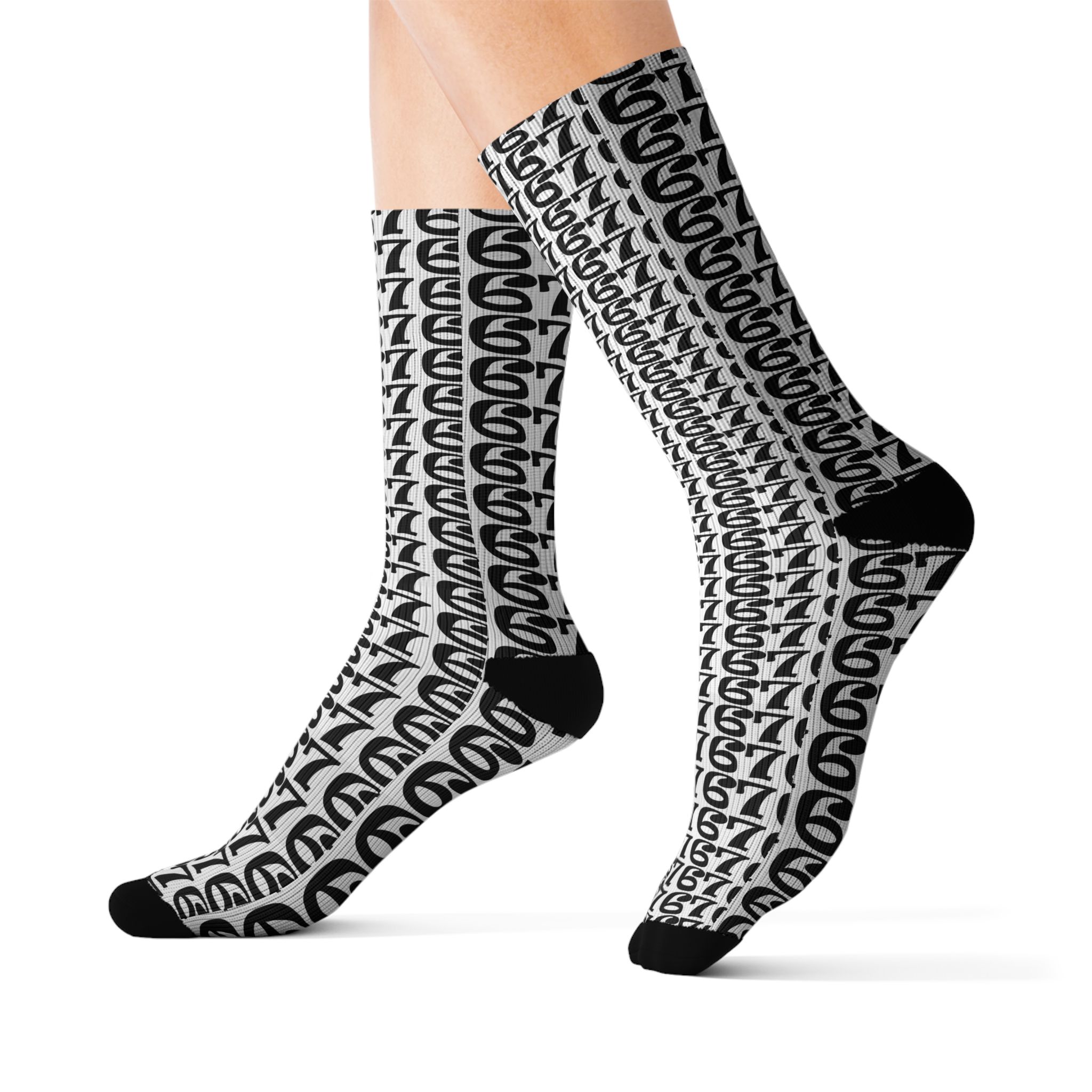 Number Pattern Sublimation Socks — Black & White 67 Repeat Design