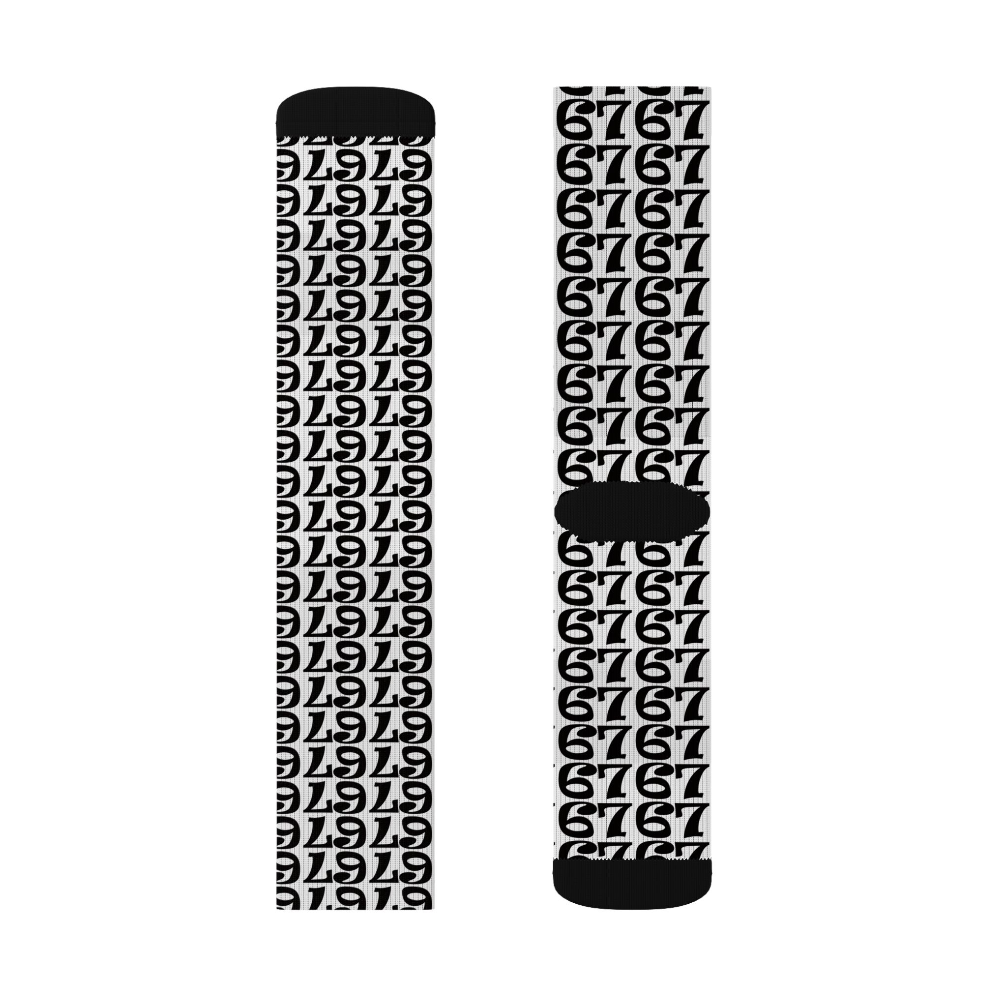 Number Pattern Sublimation Socks — Black & White 67 Repeat Design
