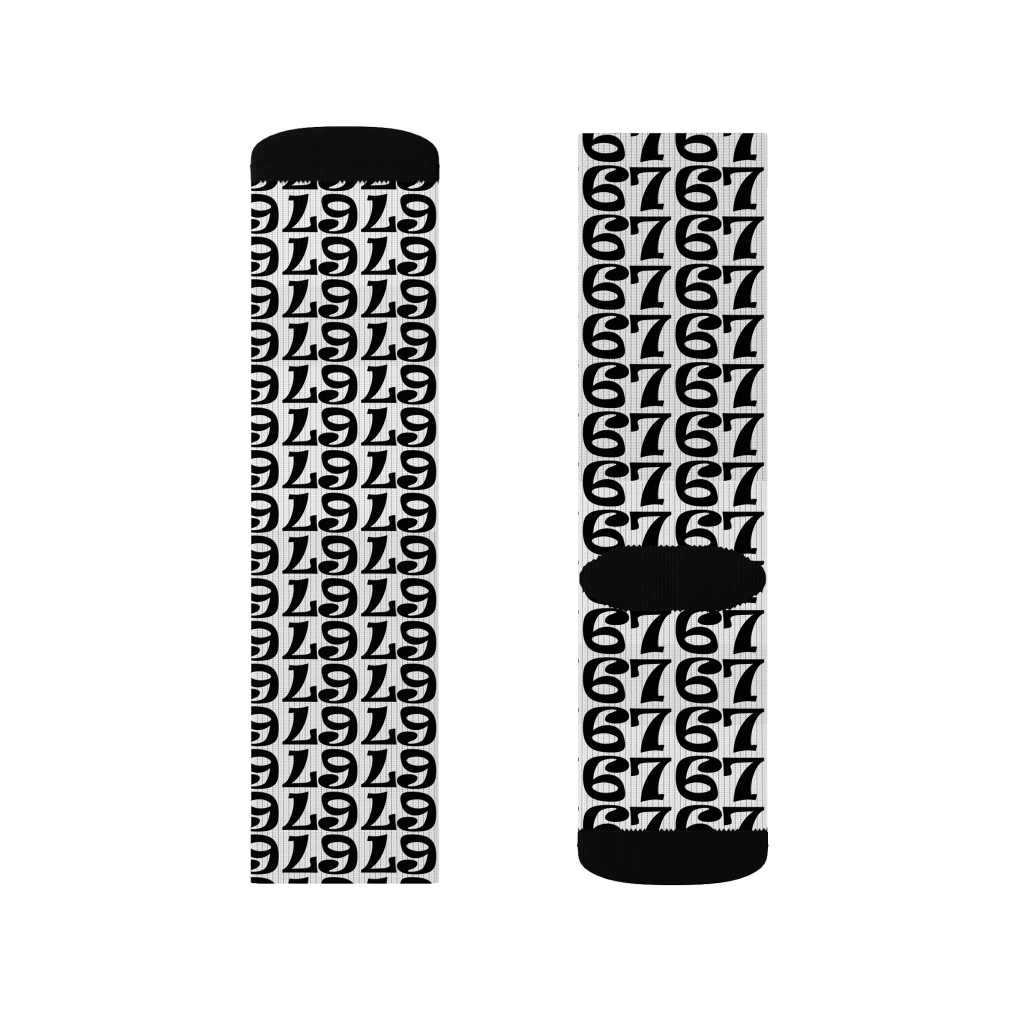 Number Pattern Sublimation Socks — Black & White 67 Repeat Design