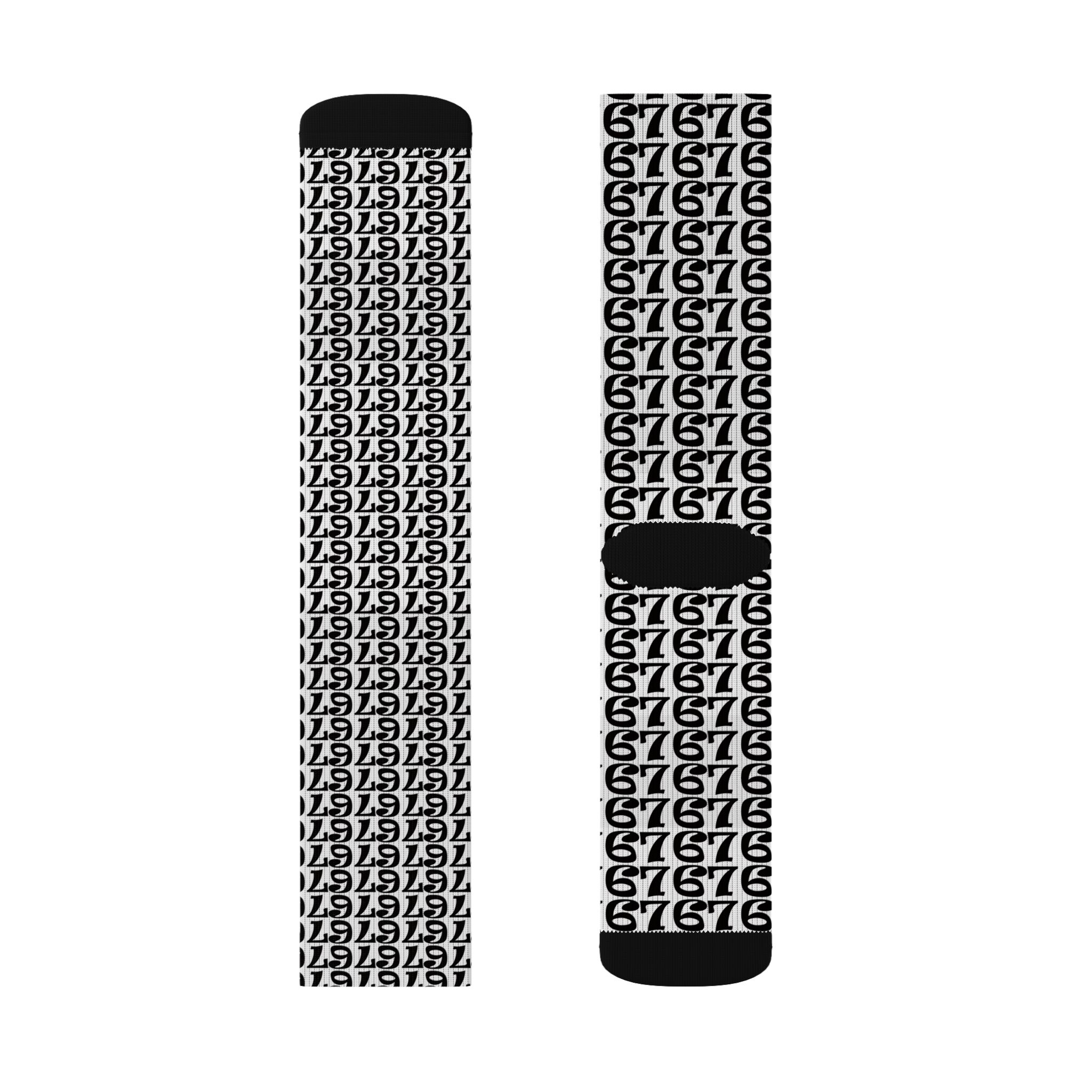 Number Pattern Sublimation Socks — Black & White 67 Repeat Design