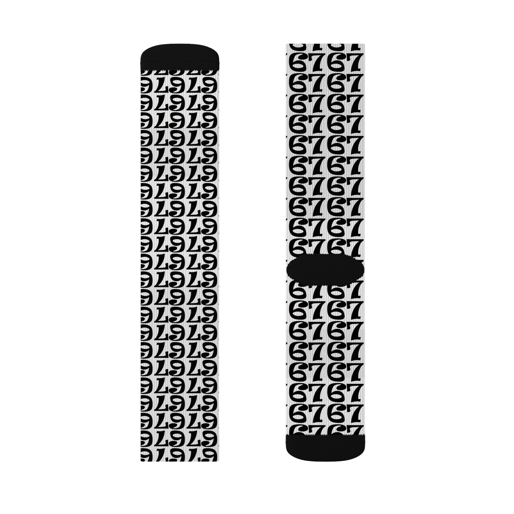 Number Pattern Sublimation Socks — Black & White 67 Repeat Design