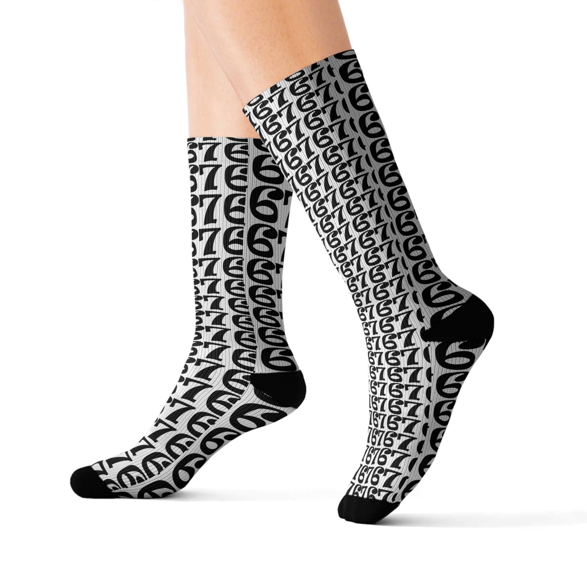 Number Pattern Sublimation Socks — Black & White 67 Repeat Design