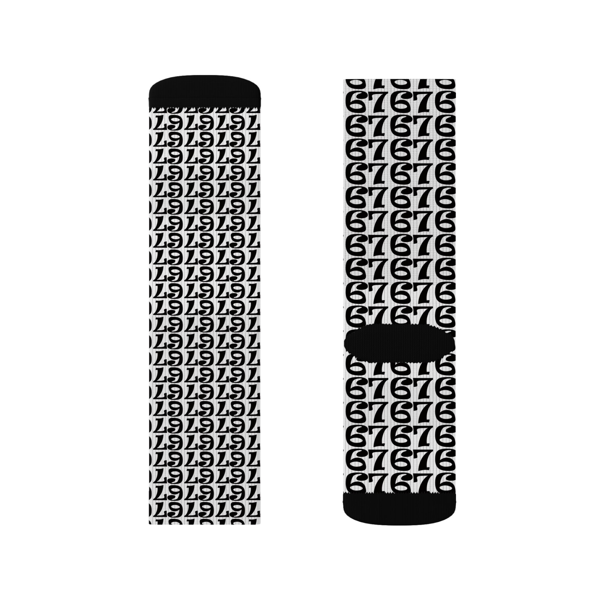 Number Pattern Sublimation Socks — Black & White 67 Repeat Design
