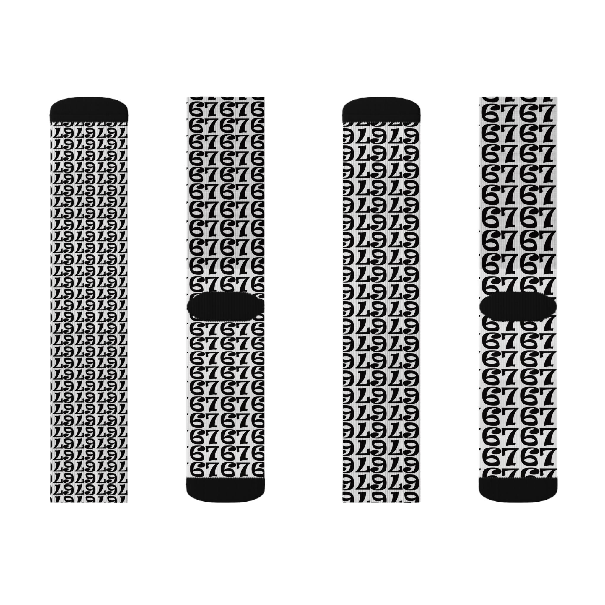 Number Pattern Sublimation Socks — Black & White 67 Repeat Design